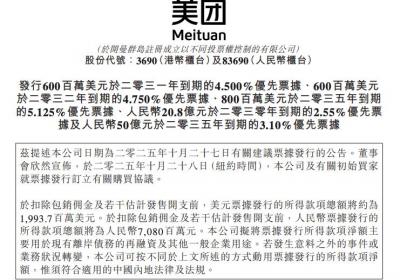 美团发行五笔票据募资超230亿港元