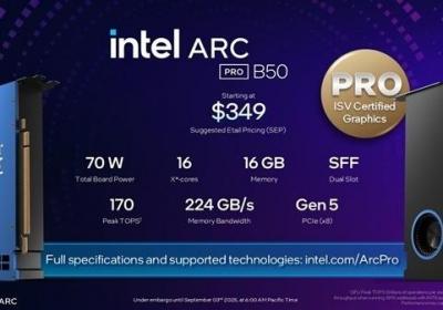 Intel锐炫Pro B50显卡上市：16GB显存、224GBs带宽，定位专业级市场