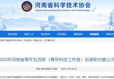 2025年河南省青年五四奖青年科技工作者表彰对象公示