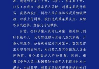 警方通报“14岁女孩校外被殴打”：2人被处罚并送专门学校矫治教育