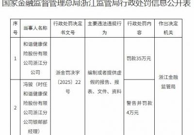 和谐健康保险被罚35万元