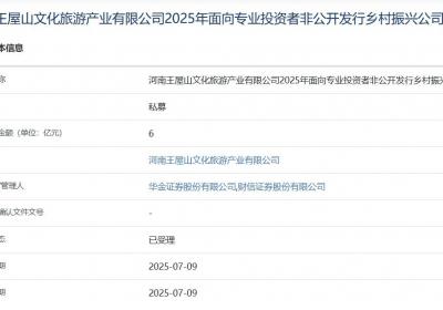 河南王屋山文化旅游产业公司拟发行6亿元乡村振兴公司债获受理