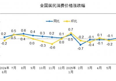 6月CPI同比微升0.1%，环比则下降0.1%
