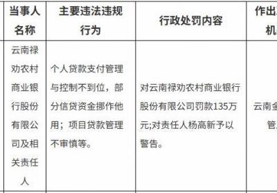 云南禄劝农商银行被罚135万元