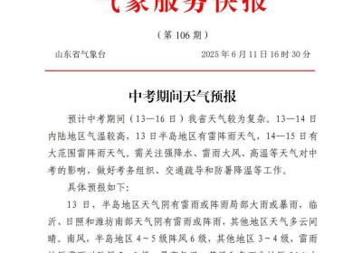 山东中考期间天气预报：天气较为复杂 有强降水、雷雨大风、高温