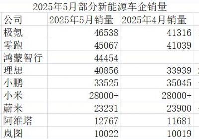 5月销量战报：四新势力突破4万辆大关