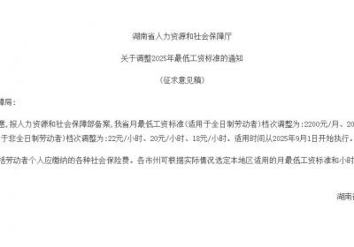 湖南拟调整2025年最低工资标准 最高档2200元月