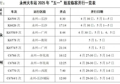 五一小长假 永州火车站将增开9趟始发临客