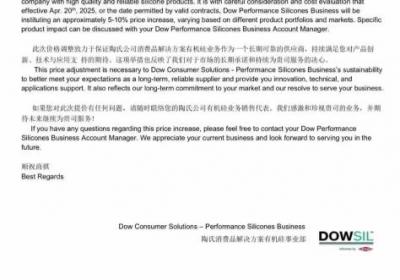 陶氏化学官宣：4月20日起有机硅产品涨价
