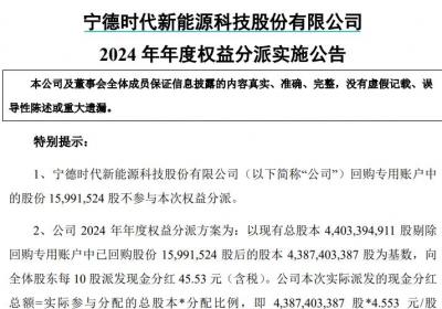 宁德时代宣布每10股派发现金45.53元，总派息近200亿
