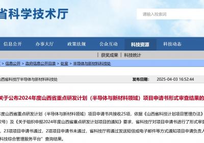 山西省重点研发计划半导体与新材料领域项目申请书形式审查结果公布