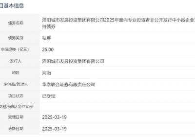 洛阳城发集团拟发行25亿元中小微企业支持债获受理