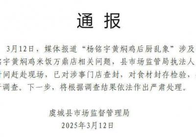 全面展开调查 虞城县市监局通报杨铭宇黄焖鸡乱象