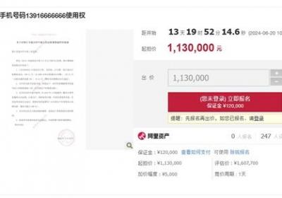 尾号6666666手机号起拍价113万：评估价值则高达160万元